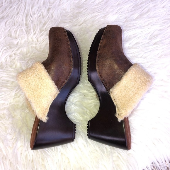 NINE WEST Clarige Brown Leather Fur Trim Mule Clog Sz 8 - Picture 5 of 8